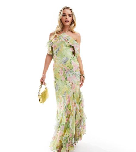 ASOS DESIGN Petite - Robe longue dos nu coupée en biais à volants et imprimé fleurs - Vert - Asos Petite - Modalova