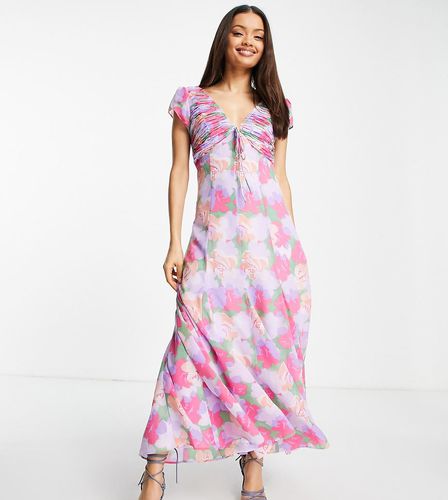 ASOS DESIGN Petite - Robe longue froncée avec lien à nouer et imprimé grosses fleurs - Asos Petite - Modalova