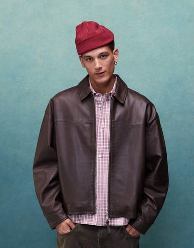 Premium - Blouson Harrington court et oversize en cuir véritable de qualité supérieure - Marron - Asos Design - Modalova