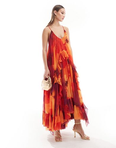 Robe trapèze longue à imprimé fleurs estival avec encolure échancrée et volants - Couleurs vives - Asos Design - Modalova