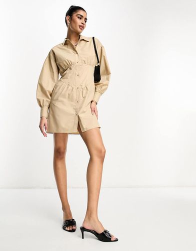 Robe chemise courte à détails corset avec manches bouffantes - Camel - Asos Design - Modalova