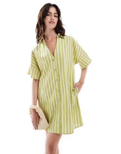 Robe chemise courte coupe carrée en lin rayé avec manches courtes - Vert - Asos Design - Modalova