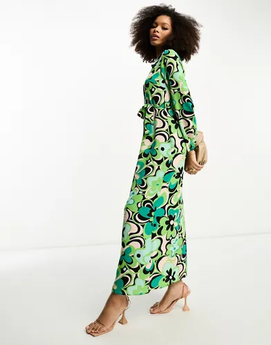 Robe chemise longue nouée sur l'avant à grand imprimé fleuri rétro - Vert - Asos Design - Modalova