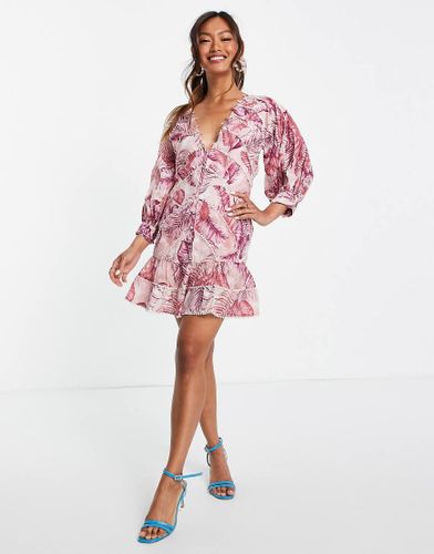 Robe courte structurée à imprimé palmiers avec bordure en dentelle et manches bouffantes - Asos Design - Modalova