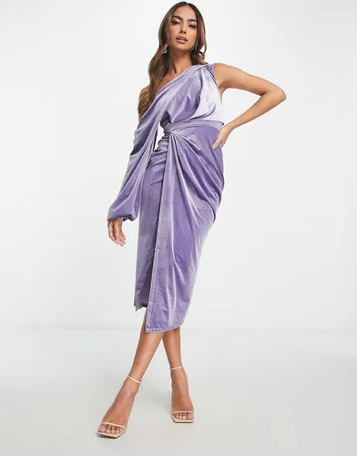 Robe fourreau mi-longue drapée asymétrique en velours - Lilas ardoise - Asos Design - Modalova