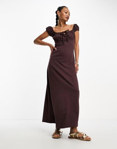 Robe froncée mi-longue avec mancherons et détail noué - Chocolat - Asos Design - Modalova