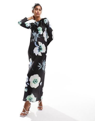 Robe longue coupée en biais en satin avec boutons et motif fleuri - Noir - Asos Design - Modalova