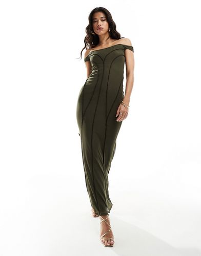 Robe longue à encolure Bardot et coutures apparentes contrastantes - Kaki - Asos Design - Modalova