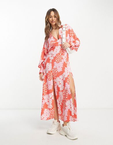 Robe longue à imprimé effet raccordé avec décolleté plongeant et manches chauve-souris - Rose - Asos Design - Modalova