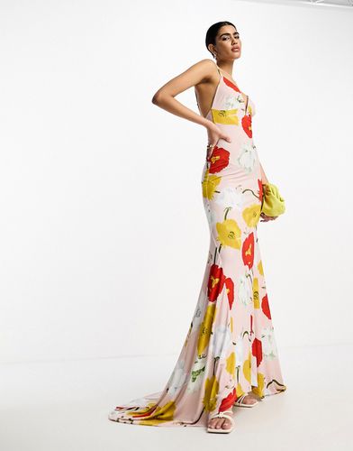Robe longue avec fines bretelles, col bénitier et armature en V à imprimé grandes fleurs - Asos Design - Modalova