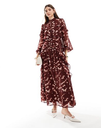Robe longue boutonnée à fleurs avec corsage froncé et volants - Rouge - Asos Design - Modalova