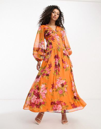 Robe longue boutonnée à nervures avec empiècements en dentelle et imprimé à fleurs - Orange - Asos Design - Modalova
