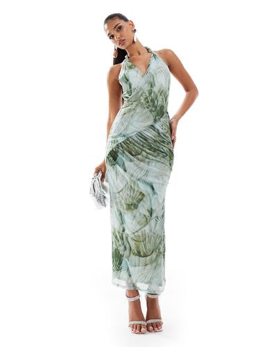 Robe longue dos nu en tulle avec bretelle tour du cou torsadée, corsage drapé et imprimé coquillages ton sur ton - Vert - Asos Design - Modalova