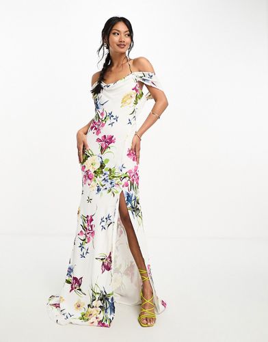 Robe longue en biais à imprimé floral avec mancherons et dos nu à lanières - Blanc - Asos Design - Modalova