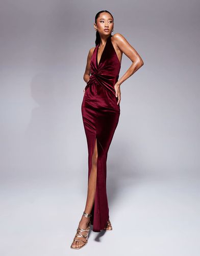 Robe longue en velours avec décolleté plongeant et détail torsadé à l'avant - Bordeaux - Asos Design - Modalova