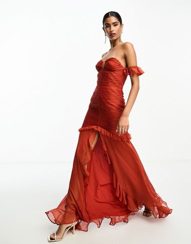 Robe longue froncée asymétrique à encolure Bardot - Rouille - Asos Design - Modalova