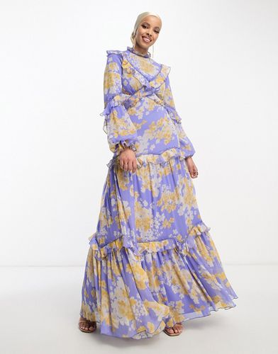 Robe longue ornementée à imprimé fleuri avec manches blousantes et bordures dentelle - Lilas - Asos Design - Modalova