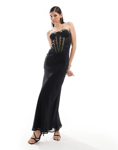 Robe longue style corset à fleurs brodées - Noir - Asos Design - Modalova