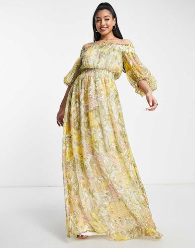 Robe longue rayée à épaules dénudées avec manches blouson et imprimé fleuri style prairie - Asos Design - Modalova