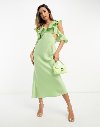 Robe longueur mollet en satin avec imprimé fleuri et manches à volants - clair - Asos Design - Modalova