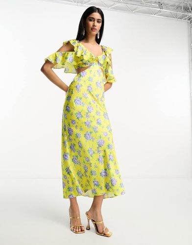 Robe longueur mollet en satin avec imprimé fleuri et manches évasées - Jaune - Asos Design - Modalova