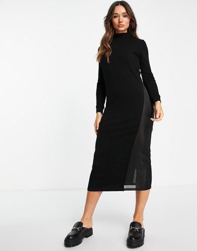 Robe mi-longue côtelée à manches longues avec empiècement en satin - Asos Design - Modalova