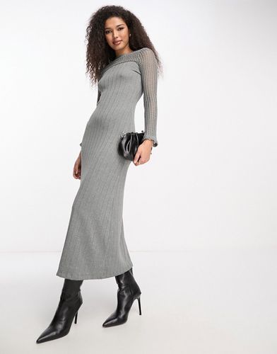 Robe mi-longue côtelée à manches longues et empiècement en maille au crochet - Kaki - Asos Design - Modalova