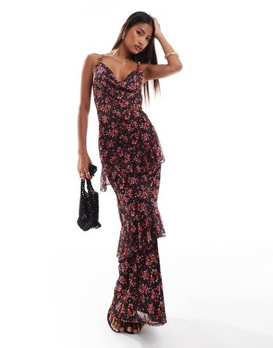 Robe mi-longue à volants en tulle avec bretelles style ceinture - Noir à petites fleurs - Asos Design - Modalova