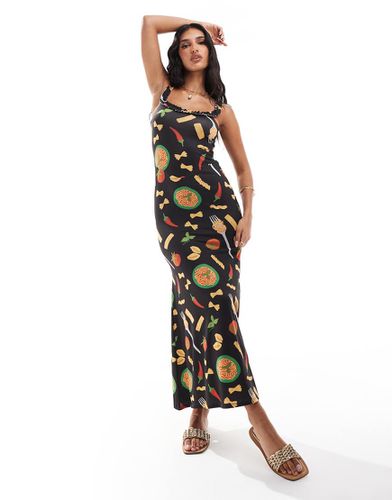 Robe mi-longue à bretelles volantées et encolure dégagée avec jupe ample - Imprimé pâtes - Asos Design - Modalova