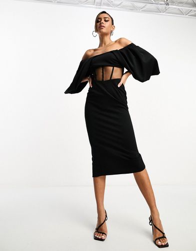 Robe mi-longue à épaules dénudées, manches drapées et empiècement en tulle style corset - Noir - Asos Design - Modalova
