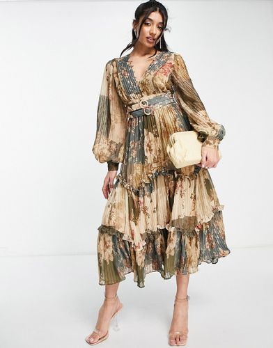 Robe mi-longue à imprimé patchwork avec double ceinture et détail plissé - Asos Design - Modalova