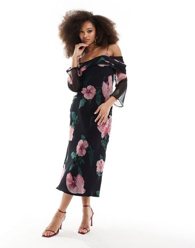 Robe mi-longue à manches longues et encolure Bardot - Noir à fleurs - Asos Design - Modalova