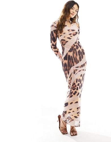 Robe mi-longue avec découpes sur l'encolure et manches longues - Imprimé animal déformé - Asos Design - Modalova