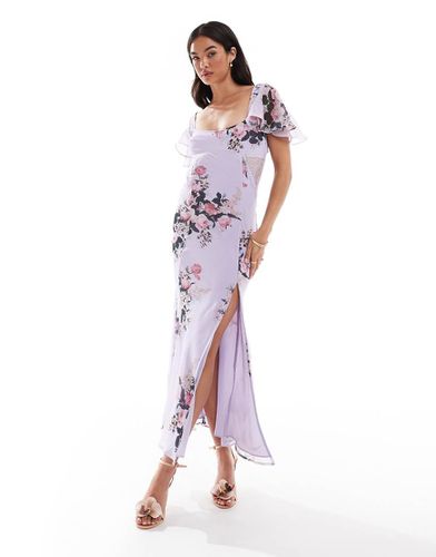 Robe mi-longue avec manches évasées et empiècement en dentelle - Lilas fleuri - Asos Design - Modalova