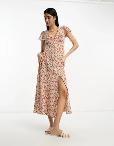 Robe mi-longue boutonnée à manches évasées et petites fleurs - Asos Design - Modalova