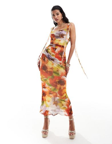 Robe mi-longue douce en tulle à fleurs avec col bénitier et bretelles à volants en cascade - Asos Design - Modalova
