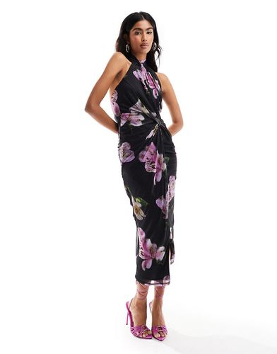 Robe mi-longue dos nu moulante en tulle - Rose à imprimé fleurs - Asos Design - Modalova
