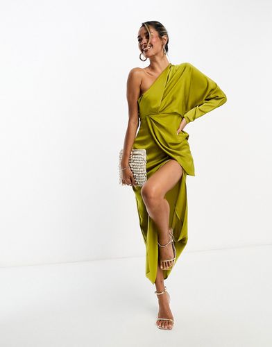 Robe mi-longue drapée et asymétrique en satin - Chartreuse - Asos Design - Modalova
