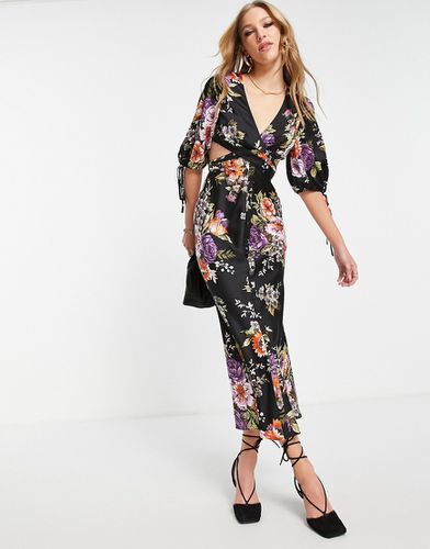 Robe mi-longue en satin avec plis à la taille et boutons sur le devant - Imprimé floral - Asos Design - Modalova