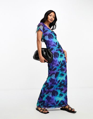 Robe mi-longue en tulle à fleurs avec col en V - Bleu - Asos Design - Modalova