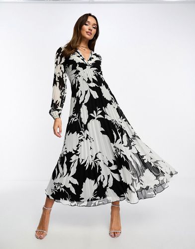 Robe mi-longue fleurie à décolleté plongeant et corsage plissé - Noir et blanc - Asos Design - Modalova