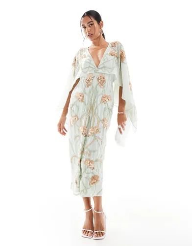 Robe mi-longue style cape ornée de fleurs - sauge - Asos Design - Modalova