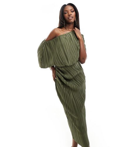 Robe mi-longue plissé à épaules tombantes - Kaki - Asos Design - Modalova