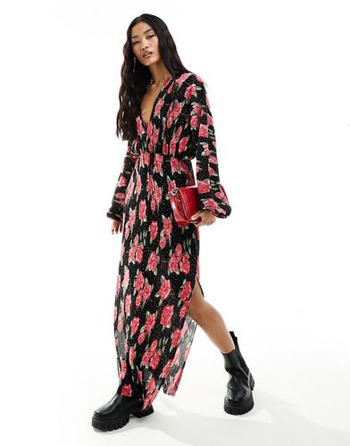 Robe mi-longue plissée à imprimé roses avec manches chauve-souris longues et liens au dos - Noir - Asos Design - Modalova