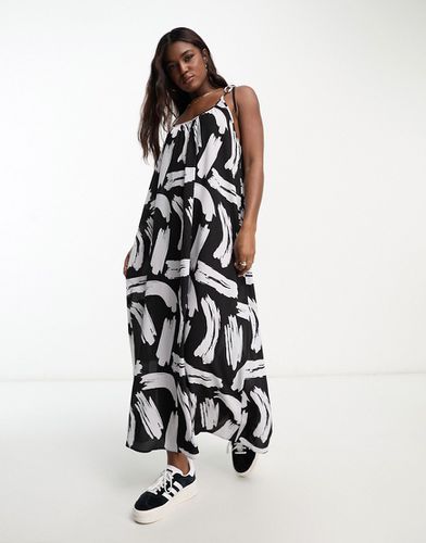 Robe nuisette longue coupe trapèze à bretelles nouées et imprimé coups de pinceau - Noir et blanc - Asos Design - Modalova