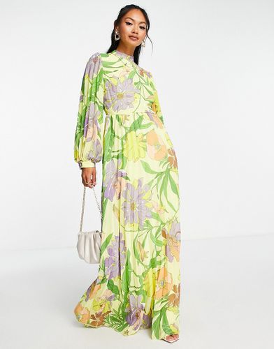 Robe patineuse longue plissée à imprimé fleurs avec col montant et manches longues - Asos Design - Modalova