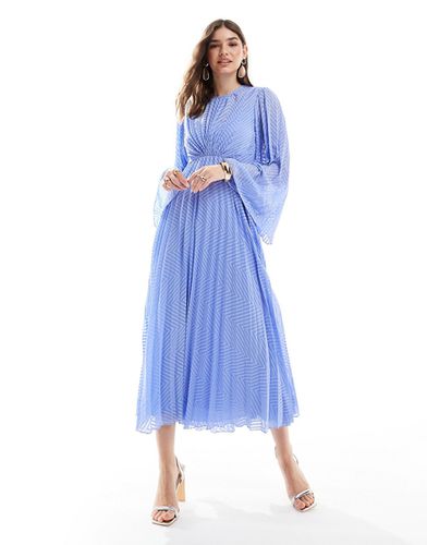 Robe plissée mi-longue en mousseline à chevrons avec manches évasées et liens noués au dos - Bleuet - Asos Design - Modalova