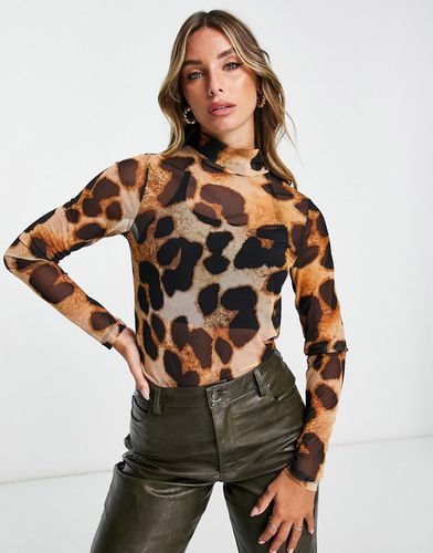 Top en tulle à manches longues et col montant - Imprimé léopard - Asos Design - Modalova