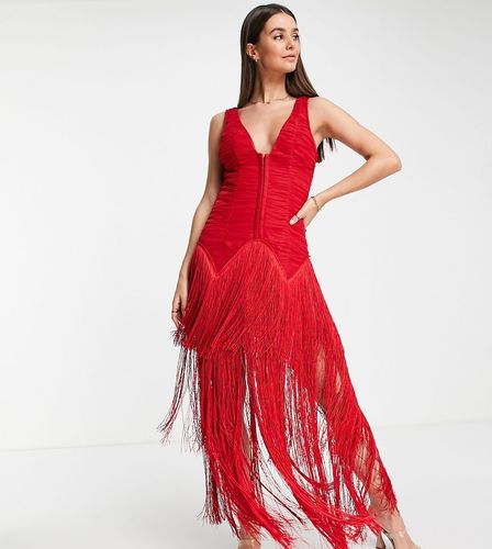 ASOS DESIGN Tall - Robe mi-longue en tulle à franges avec corset et taille basse - Rouge - ASOS Tall - Modalova