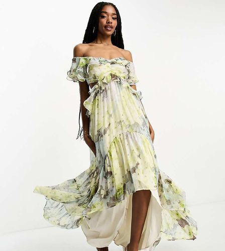 ASOS DESIGN Tall - Robe longue à ourlet asymétrique, volants, découpe et épaules dénudées - Vert fleuri - Asos Tall - Modalova